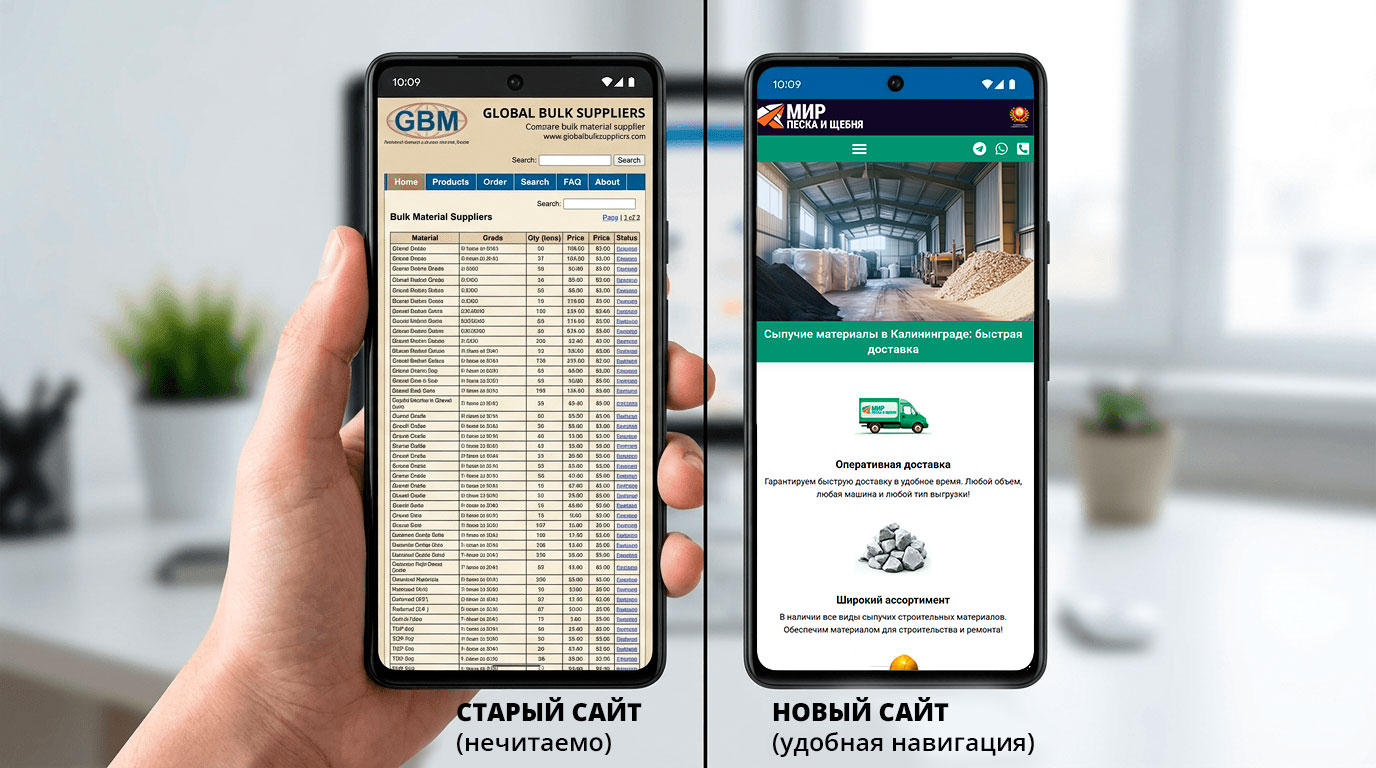 Прораб на стройплощадке открывает сайт поставщика щебня на смартфоне