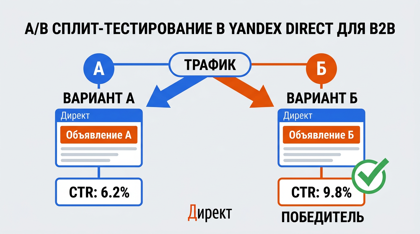Схема A/B-тестирования объявлений в Яндекс.Директ для мебельного магазина